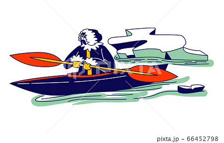 Eskimo Male Character in Traditional Warm Clothing Floating on Kayak with Paddles at Frozen Sea with Broken Ice Pieces Eskimo Male Character in Traditional Warm Clothing Floating on Kayak with Paddles at Frozen Sea with Broken Ice Pieces 66452798