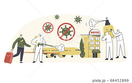Hotel and Airplane Disinfection. Characters in Hazmat Suits Clean and Disinfecting Coronavirus Cells Hotel and Airplane Disinfection. Characters in Hazmat Suits Clean and Disinfecting Coronavirus Cells 66452899