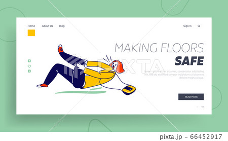 Danger Accident, Slip and Stumble Landing Page Template. Female Character Slipping and Falling on Wet Floor Puddle 66452917