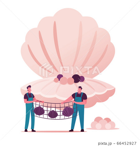 Couple of Pearl Farm Workers Characters Holding Net with Catch of Oyster Shells with Huge Conch Couple of Pearl Farm Workers Characters Holding Net with Catch of Oyster Shells with Huge Conch 66452927