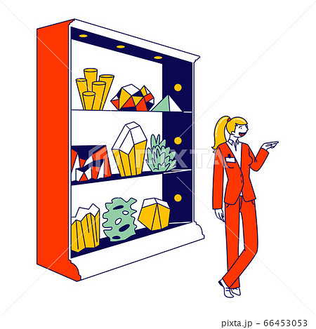 Saleswoman Character Wearing Formal Wear and Badge on Chest Stand front of Shelf with Various Minerals 66453053