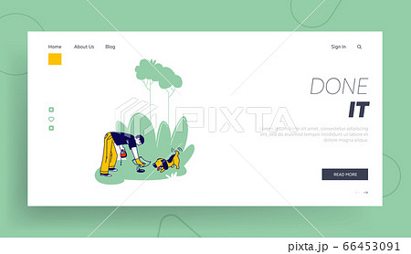 Man Follow Cleaning Rules while Walking Domestic Animal Landing Page Template. Dog Owner Character Remove Dog Shit 66453091