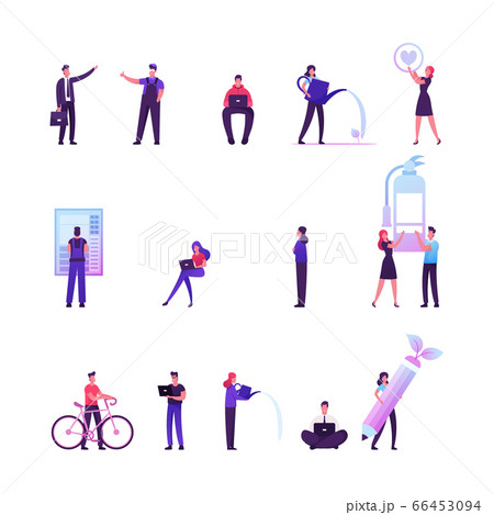 Set of Male and Female Characters Working on Laptop in Green Office, Woman Watering Plants 66453094