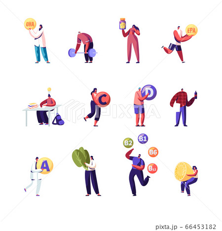 Set of People Applying Vitamins and Microelements. Male and Female Characters Study, Sports Exercising Set of People Applying Vitamins and Microelements. Male and Female Characters Study, Sports Exercising 66453182