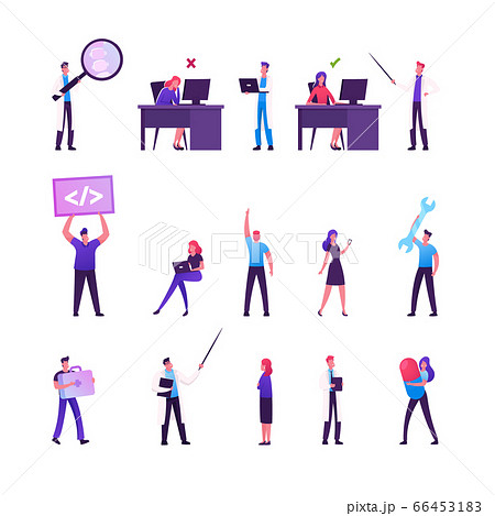 Set of Male and Female Business Characters Working in Office Sitting at Desk in Wrong and Correct Posture 66453183