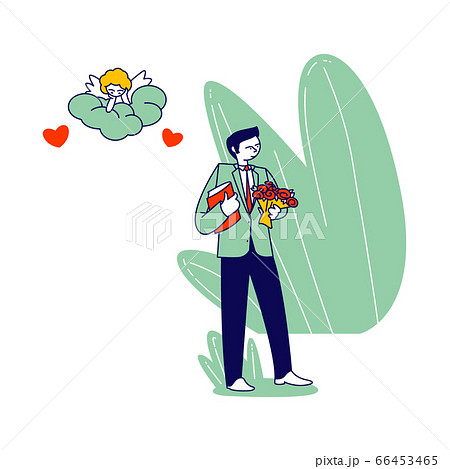 Groom Character in Festive Costume Holding Bouquet of Beautiful Flowers Waiting Bride for Wedding Ceremony 66453465