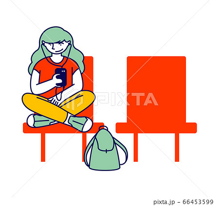 Smiling Young Woman or Teenager Character Wearing Headphone Holding Smartphone in Hands Waiting Departure Smiling Young Woman or Teenager Character Wearing Headphone Holding Smartphone in Hands Waiting Departure 66453599