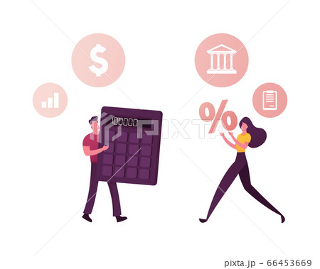 Characters Counting Credit Rating, Use Financial Services. Man with Huge Calculator and Woman with Percent Symbol 66453669