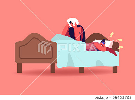 Husband Suffering of Sleeping Wife Snoring. Female Character Snore at Night Sleep. Breathing Disease, Noise Pollution 66453732