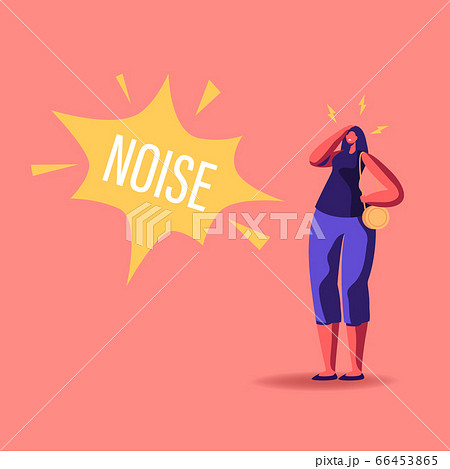 Female Character Suffering of Noise Pollution. Big City Social Problem of Much Hubbub on Street Female Character Suffering of Noise Pollution. Big City Social Problem of Much Hubbub on Street 66453865