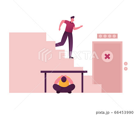 Scared Male Character Running Downstairs for Evacuation from Shaking Building, Man Sitting under Table 66453990