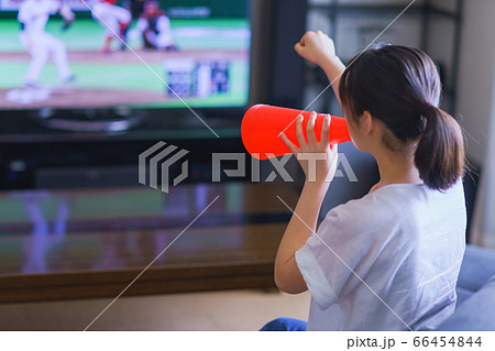 家でスポーツをテレビ観戦する若い女性のイメージ プロ野球の動画配信サービス の写真素材