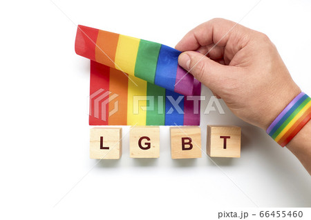 Person holding the rainbow flag next to wooden 66455460