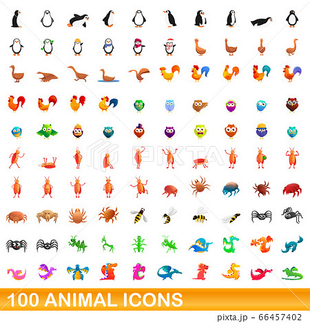 100 animal icons set, cartoon style 66457402