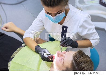 Dental treatment at the dental clinic, female doctor treating patient 66458096