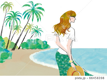 バカンスを楽しむ浜辺でたたずむ女性のイラストのイラスト素材