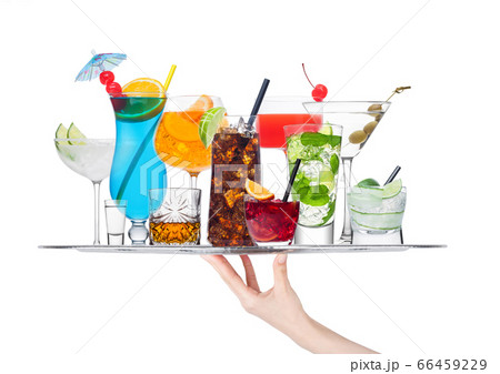 Hand holding tray with various cocktails isolated Hand holding tray with various cocktails isolated 66459229