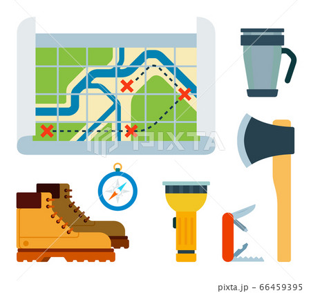 Travel equipment flat vector illustrations set. Essential tools for mountain trekking, travel. Travel equipment flat vector illustrations set. Essential tools for mountain trekking, travel. 66459395