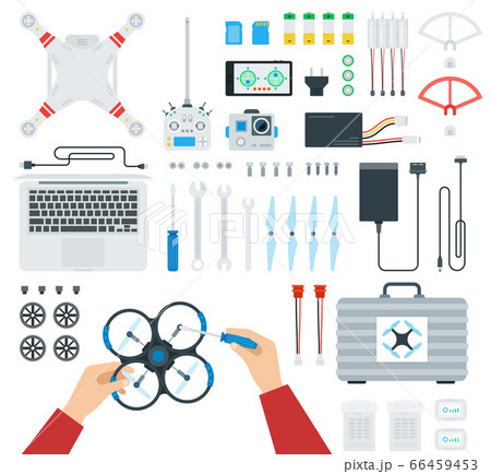 Set of equipment for the drone, repair by human hands vector illustration in a flat design Set of equipment for the drone, repair by human hands vector illustration in a flat design 66459453