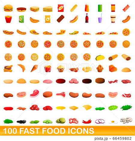 100 fast food icons set, cartoon style 100 fast food icons set, cartoon style 66459802