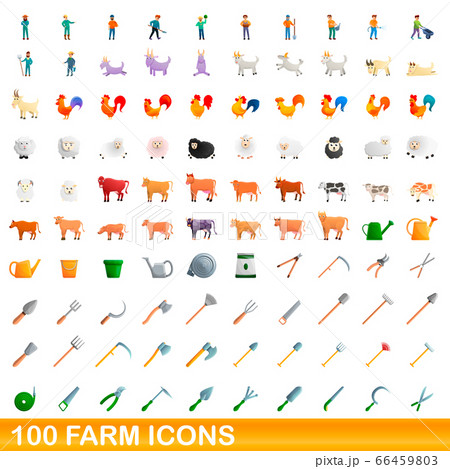100 farm icons set, cartoon style 66459803