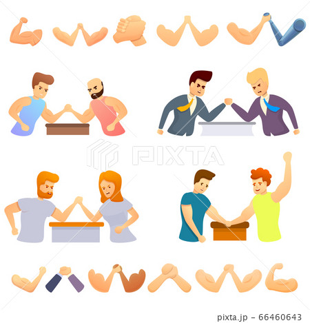 Arm wrestling icons set, cartoon style Arm wrestling icons set, cartoon style 66460643