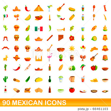 90 mexican icons set, cartoon style 66461103