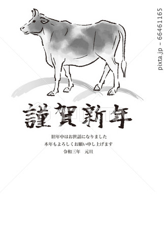 年賀状　2021　丑年　墨絵　水墨画　筆文字　白黒　デザイン　イラスト　縦 66461165
