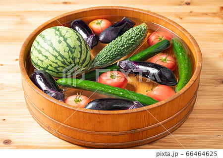 桶で夏野菜を冷やすの写真素材