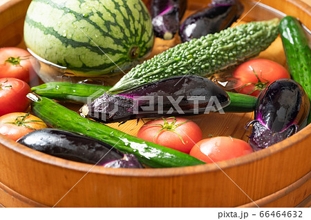 桶で夏野菜を冷やす 66464632