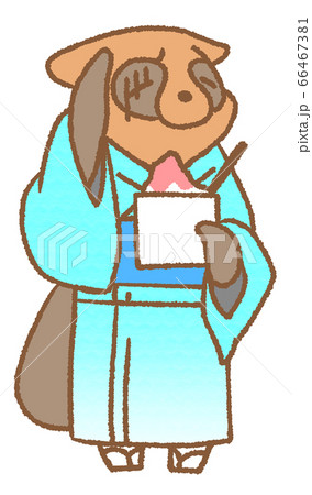 かき氷を食べて頭がキーンとする浴衣を着たタヌキ 水色 のイラスト素材