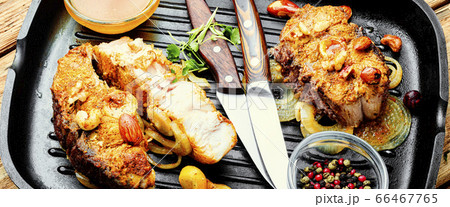 Fried piece fish in grill pan Fried piece fish in grill pan 66467765