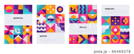 Geometric shape poster. Memphis journal cover with Swiss geometric composition, banner flyer with abstract bauhaus shapes. Vector set 66469378