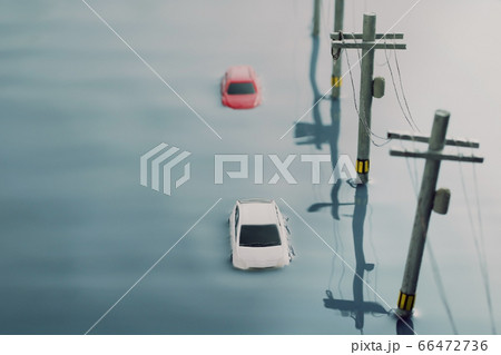 洪水で動けなくなった自動車と電信柱のジオラマ 66472736
