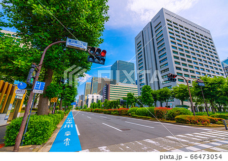 日本の東京都市景観 霞が関の官庁街。自転車専用通行帯などを望む 66473054