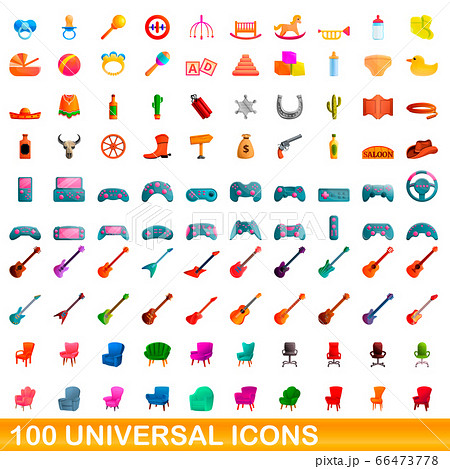 100 universal icons set, cartoon style 66473778