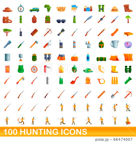 100 hunting icons set, cartoon style 100 hunting icons set, cartoon style 66474007
