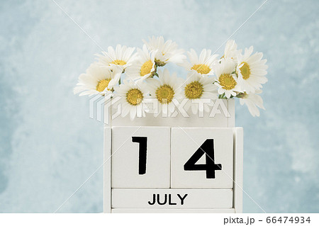 White cube calendar for july decorated with daisy 66474934