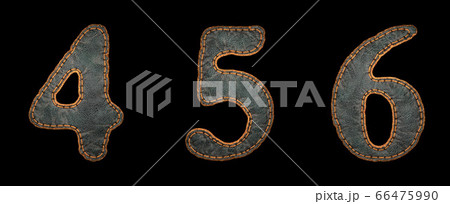 Set of numbers 4, 5, 6 made of leather. 3D render font with skin texture isolated on black background. Set of numbers 4, 5, 6 made of leather. 3D render font with skin texture isolated on black background. 66475990