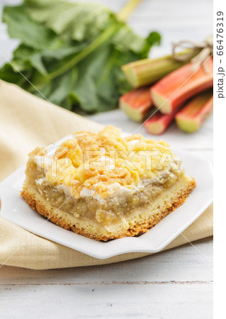 Piece of homemade rhubarb pie on white plate Piece of homemade rhubarb pie on white plate 66476319