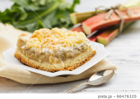 Piece of homemade rhubarb pie on white plate 66476320