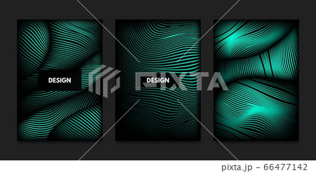 Distortion of Wavy Lines. Turquoise Abstract Backgrounds with Vibrant Gradient. Movement and Volume Effect. Futuristic Cover Templates Set for Presentation, Poster, Brochure. Distortion of 3d Shapes. 66477142