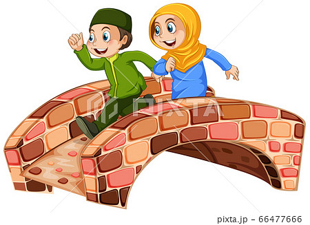 Muslim children run across the bridge 66477666