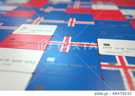 National flag of Iceland on credit cards. Banking related 3D rendering 66479232