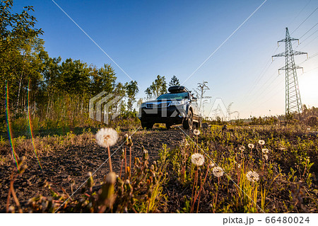 Subaru Forester with roof box at dirt road in the Subaru Forester with roof box at dirt road in the 66480024