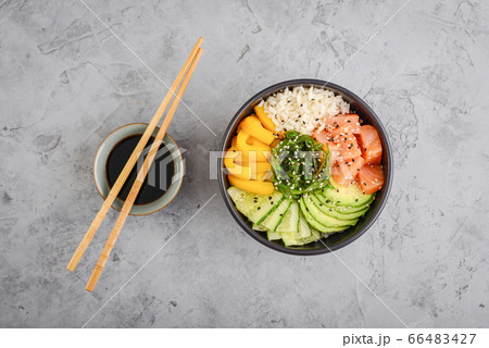 Hawaiian salmon poke bowl with seaweed Hawaiian salmon poke bowl with seaweed 66483427