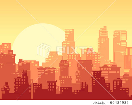 Horizontal stylized illustration of a big city at sunset. 66484982