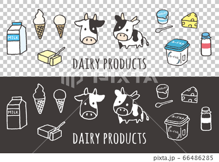牛と乳製品の手描きイラストのイラスト素材