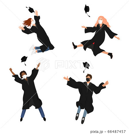 Seamless border with happy graduate students in medical masks. 2020 Grads jumping and throwing the mortarboard high into the air. Flat vector illustration pattern isolated on white Seamless border with happy graduate students in medical masks. 2020 Grads jumping and throwing the mortarboard high into the air. Flat vector illustration pattern isolated on white 66487457
