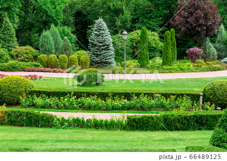 Empty park with walking paths for walks among landscape design with bushes and trees on a summer day, nobody. Empty park with walking paths for walks among landscape design with bushes and trees on a summer day, nobody. 66489125
